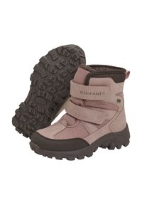 Rosa och grå vinterstövlar med en texturerad gummisula, paneler i mocka och mesh samt dubbla kardborreband för enkel stängning. Rund tås design.