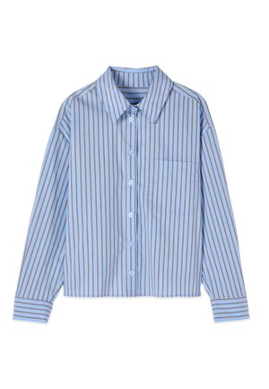 Camicia a maniche lunghe azzurro chiaro con bottoni, righe verticali marroni e taschino sul petto, stesa su uno sfondo bianco.