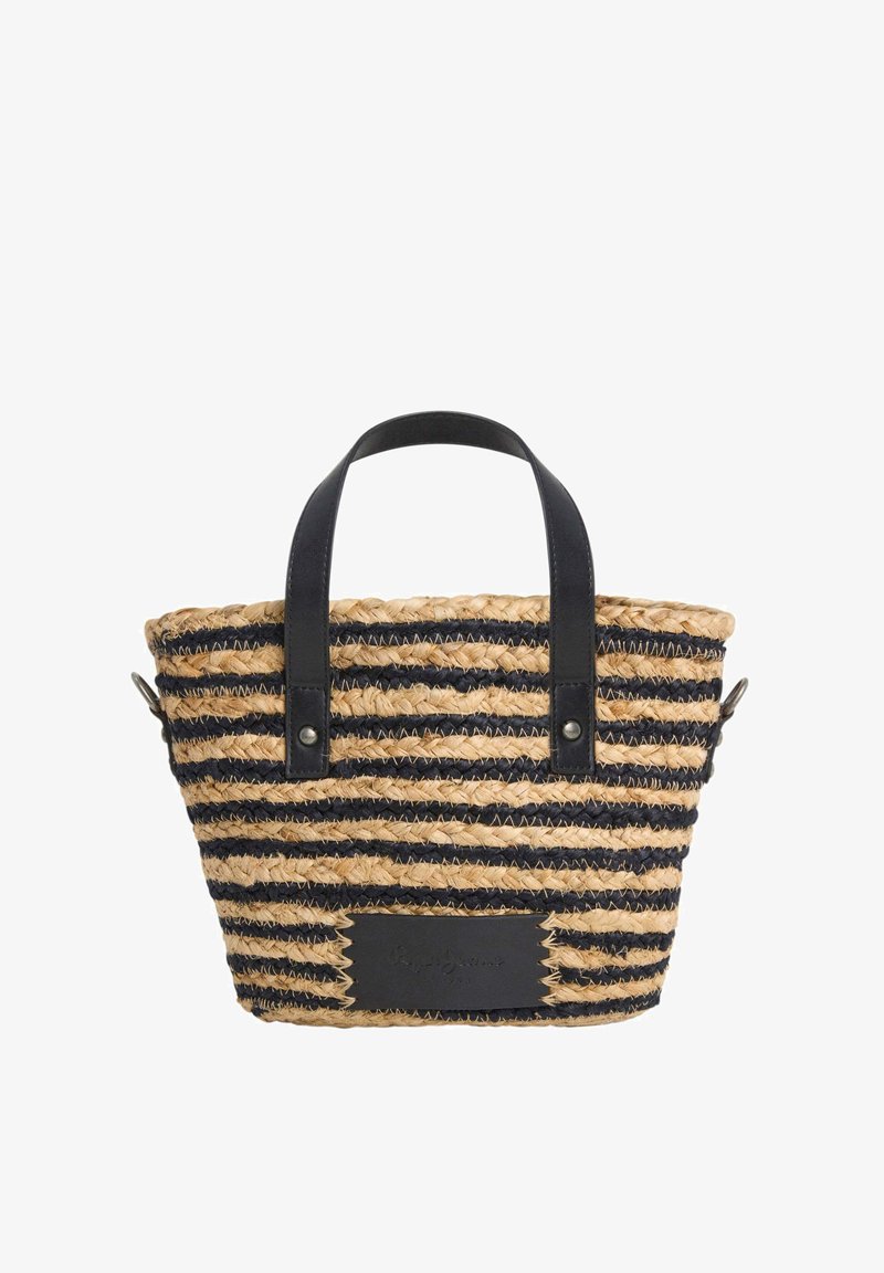 Wykonana z plecionego słomy kosz z czarnymi i naturalnymi paskami. Posiada czarne skórzane uchwyty oraz prostokątną skórzaną łatę z wytłoczonym logo.