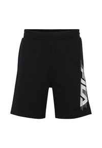 Svarta shorts i bomull med elastisk midja. Har ett vitt grafiskt tryck längs vänster sida. Slät textur, knälång design.