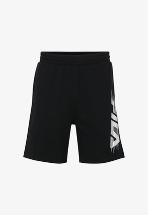 Czarne szorty z bawełny z elastycznym pasem. Posiadają białą grafikę po lewej stronie. Gładka tekstura, długość do kolan.