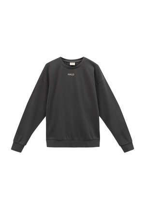 Dark gray sweatshirt with a round neckline, long sleeves, and ribbed cuffs. Features a small "HALO" logo embroidered at the chest.