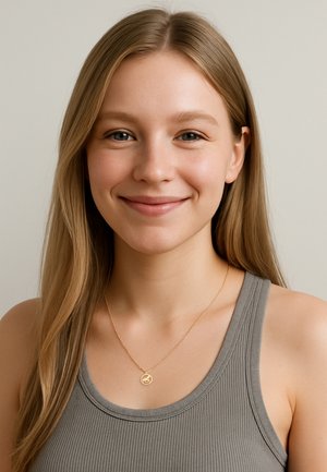 Guldbelagt halskæde med en rund medaljon, der har et detaljeret design, båret over en tætsiddende grå ribbede tanktop.