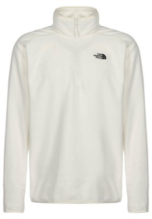 Biały polarowy pulower z długimi rękawami, kołnierzem na pół suwaka i czarnym logo "The North Face" na lewym piersi.
