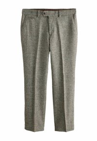Wool blend trousers in a brown and gray houndstooth pattern. Features front pockets, a belt loop waistband, and a straight leg cut.