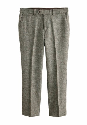 Wool blend trousers in a brown and gray houndstooth pattern. Features front pockets, a belt loop waistband, and a straight leg cut.