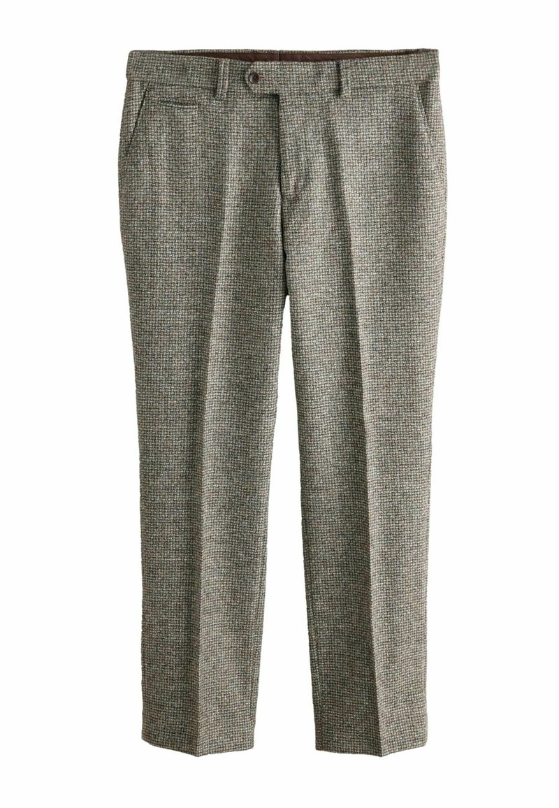 Wool blend trousers in a brown and gray houndstooth pattern. Features front pockets, a belt loop waistband, and a straight leg cut.