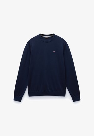 Tumedat sinise värviga ümar kaelusega sviiter pikkade varrukatega. Valmistatud pehmest kangast, millel on rinnal väike logo. Lihtne disain ribatrepiniga varrukatel ja ääres.