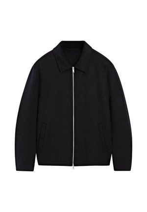Schwarze Zip-Up-Jacke mit einem umklappbaren Kragen, zwei seitlichen Taschen, einem strukturierten Stoff und einem geraden Schnitt.