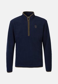 Pull en polaire marine avec un col zippé quart, présentant des finitions beige et un petit logo sur la poitrine, mettant en avant une texture douce.