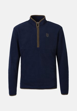 Pullover in fleece navy con colletto a zip a un quarto, caratterizzato da un bordo beige e un piccolo logo sul petto, che mette in evidenza una texture morbida.