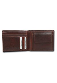 Brown leather wallet, bifold design, featuring two credit card slots and a side pocket. Textured surface with visible stitching detail.