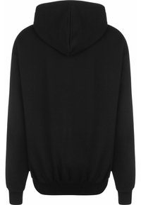 Zwarte hoodie met een kangoeroezak, ribgebreide boorden en onderkant. Heeft een grote capuchon en een zachte, gestructureerde stof. Achteraanzicht weergegeven.