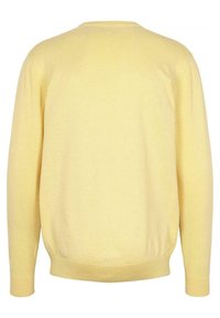 Žlutý pletený svetr s kulatým výstřihem, dlouhými rukávy a žebrovanými manžetami a lemem. Hladká textura s minimálními designovými detaily.