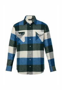 Camicia da uomo a maniche lunghe con bottoni in una fantasia a quadri verde, blu, grigia e crema, caratterizzata da due tasche sul petto e colletto classico.