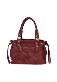 Sac à main en suède bordeaux avec deux poignées supérieures, des accents en matériel doré, une poche zippée sur le devant et des détails à cordon sur les côtés.
