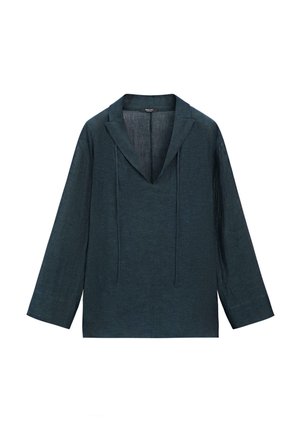 Chemise en lin à manches longues de couleur bleu sarcelle foncé avec un col en V profond, des liens étroits attachés et un petit col pointu, présentée sur un fond blanc.