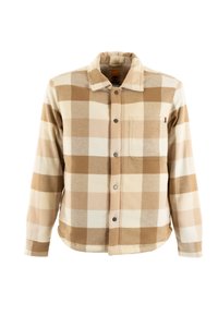 Geverifieerde overhemdjas in tan en crèmekleuren, gemaakt van zachte fleece, met een kraag, knoopsluiting en een voorkantzak.