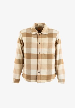 Geverifieerde overhemdjas in tan en crèmekleuren, gemaakt van zachte fleece, met een kraag, knoopsluiting en een voorkantzak.