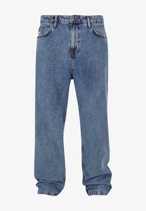 Helle blaue Jeans aus Denim mit lockerer Passform, Fünf-Taschen-Design und subtilen Verwaschungen. Metallknopfverschluss und Gürtelschlaufen an der Taille.