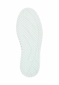 Suola di scarpa in gomma bianca caratterizzata da una superficie testurizzata con motivi a onda e zigzag. Include un logo e un'impronta della taglia.