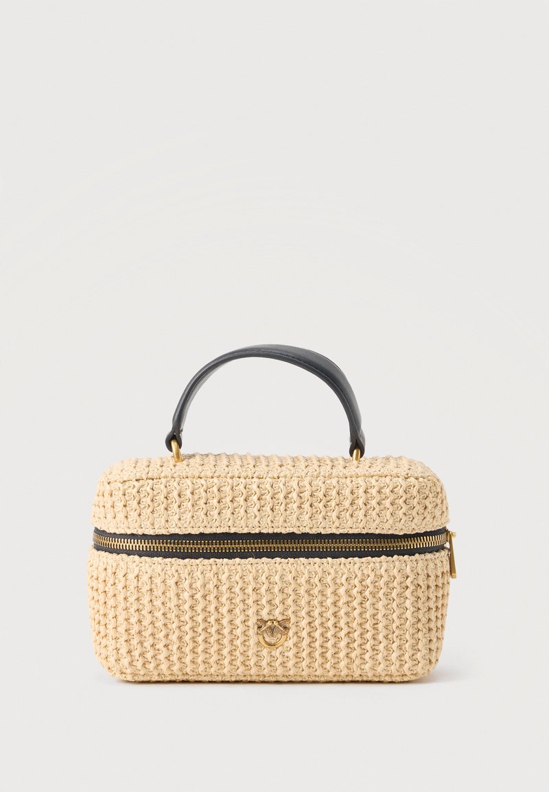 Rectangular beige woven handbag with black handle, black zipper, and small gold emblem on the front.