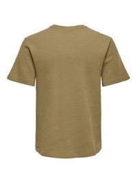 Chemise beige en maille gaufrée à manches courtes, vue de dos, avec un col rond et sans logos ni motifs visibles.