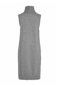 Stickad grå ärmlös klänning med hög halsringning, ribbad krage och fåll. Tyget har en mjuk, slät textur, lämplig för lager-på-lager-stilar.
