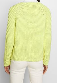 Sweter dziany w jasnym żółtym kolorze z teksturowanym wzorem, okrągłym dekoltem i ściągaczami na rękawach. Stylizowany z białymi spodniami, prezentując luźny krój.