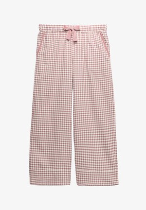 Gingham-gepatroneerde broeken in blush en crèmekleur, met een elastische tailleband met een gestrikt strikje, zijzakken en een relaxed fit.