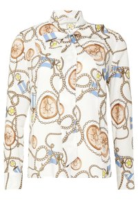 Long-sleeve blouse in white fabric featuring a rope and compass print in browns, blue, and yellow. Includes a bow tie collar detail.