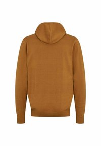 Brauner Langarm-Pullover-Hoodie mit eng anliegenden Bündchen und Saum, von hinten vor einem weißen Hintergrund gezeigt.