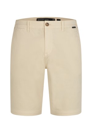 Beige Baumwollshorts mit einem Knopfverschluss, Fronttaschen und dezenten Stickdetails. Das Design ist gerade geschnitten und hat eine weiche Textur.