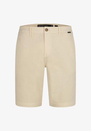 Beige Baumwollshorts mit einem Knopfverschluss, Fronttaschen und dezenten Stickdetails. Das Design ist gerade geschnitten und hat eine weiche Textur.