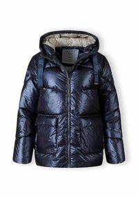 Námornícka puffer bunda s lesklým povrchom, vybavená kapucňou, predným zipsom, dvoma prednými vreckami a ramennými popruhmi. Podšívka je z krémovej látky.