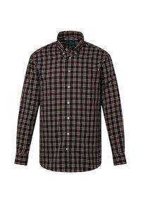 Camisa de manga larga a cuadros en negro, blanco y rojo. Con cuello botón, botones frontales y bolsillo en el pecho. Textura de tela suave.