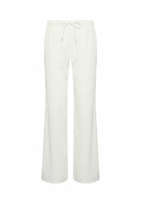 White loose-fit pants with elastic waistband and drawstring, straight leg design, made from lightweight fabric.