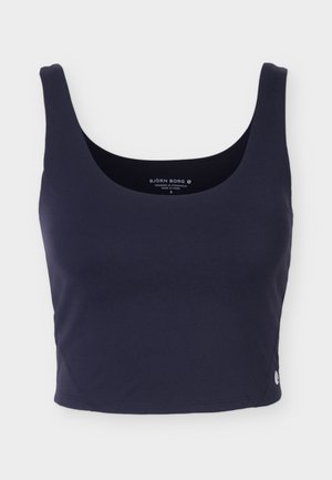 Σκούρο ναυτικό μπλε αμάνικο crop top με φαρδιές τιράντες και λαιμόκοψη scoop, με μικρό λογότυπο κοντά στο κάτω τελείωμα.