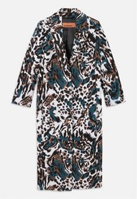 Pikk, mustriline mantel, millel on pruunide, teal'i ja mustade mustrite segunemine valgel taustal. Lõikega kraed ja nööbiga kinnitamine.