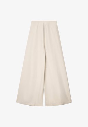 Pantaloni beige a gamba larga con vita alta, texture liscia e design a tutta lunghezza, senza chiusure o tasche visibili.