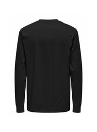 Schwarzes Langarmshirt mit geradem Schnitt, Rundhalsausschnitt und gerippten Bündchen; glatte Stoffoberfläche ohne sichtbare Muster oder Logos.
