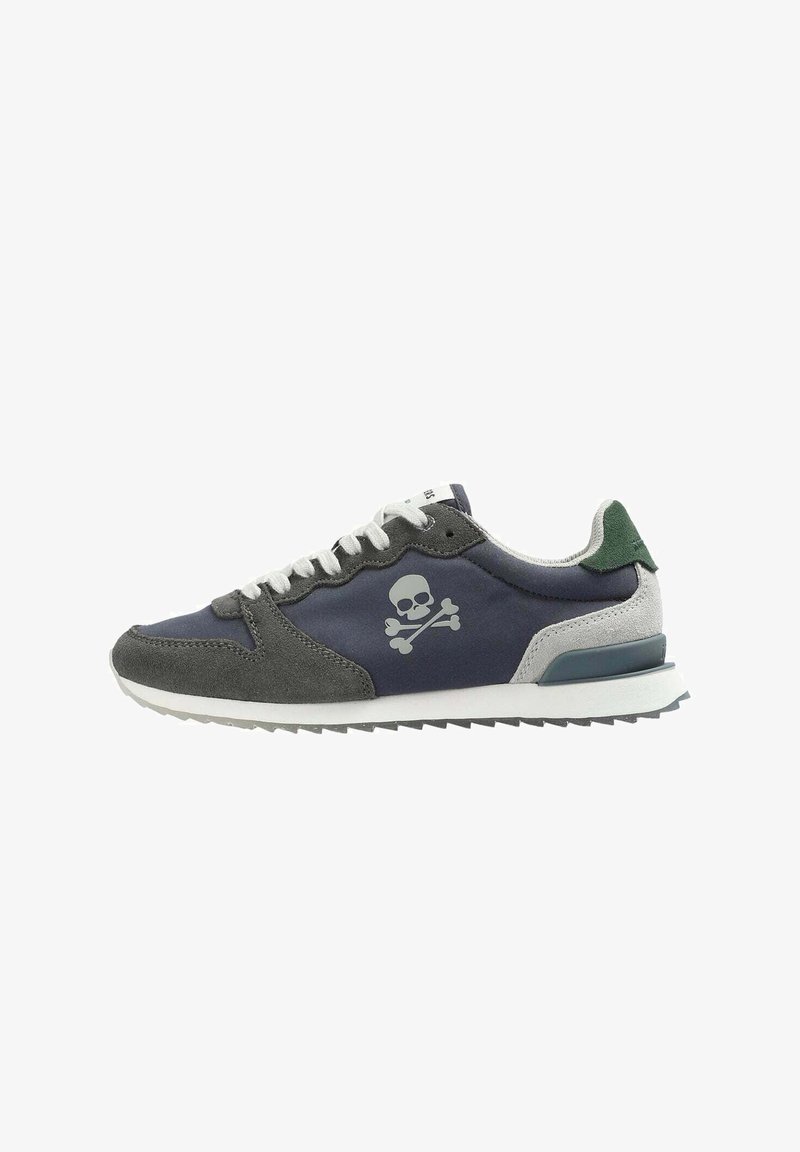 Men's sneakers with a navy fabric upper, grey suede accents, a white midsole, and a skull-and-crossbones graphic on the side. Green heel tab.