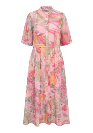 Vestido midi abotonado con mangas cortas, estampado floral abstracto en rosa y naranja, y cinturón ajustado en la cintura.