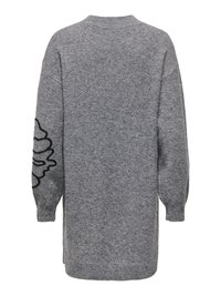 Long pull en maille gris avec un motif abstrait de lignes noires sur la manche gauche, poignets côtelés et ourlet droit, vu de dos.