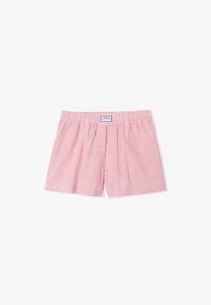 Red and white striped cotton shorts with a relaxed fit, elastic waistband, and side pockets. Branding label on the front waistband.