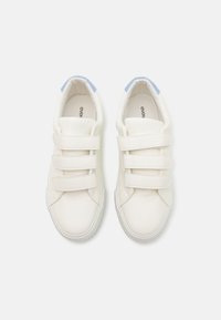 White synthetic sneakers with three Velcro straps, rounded toe, textured sole, and light blue accents on the heel tab.