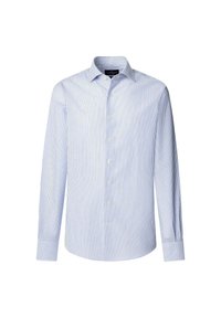 Lichtblauw en wit gestreepte lange mouwen shirt met een klassieke kraag, knoopsluiting en cuffs. Gemaakt van een zachte stof met een getailleerde pasvorm.