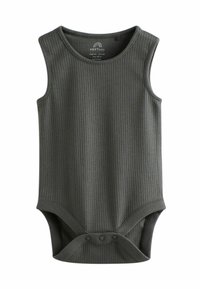 Dark gray ribbed sleeveless bodysuit with a round neckline and snap fasteners at the bottom for easy dressing. Soft cotton material.