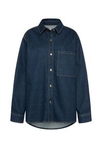 Dark denim button-up shirt with a pointed collar, long sleeves, single chest pocket, and contrasting stitching along the seams.