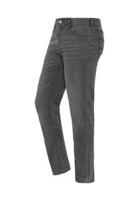 Vaqueros grises de mezclilla con un ajuste ceñido, cinco bolsillos y cierre de cremallera. Costuras visibles a lo largo de los lados y textura suave.